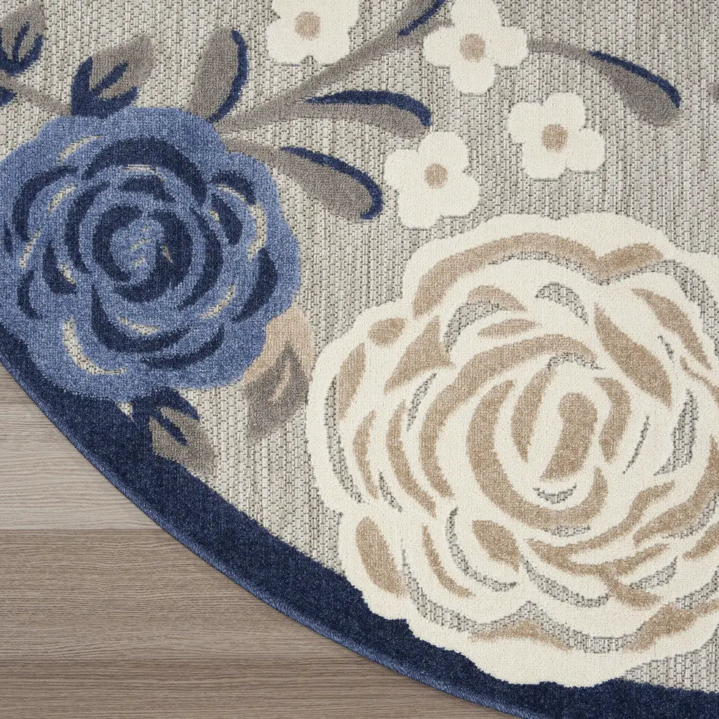8' Blue and Gray Round Floral Indoor Outdoor Area Rug Homeroots Outdoor