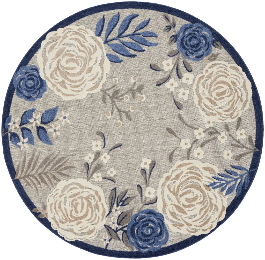 8' Blue and Gray Round Floral Indoor Outdoor Area Rug Homeroots Outdoor