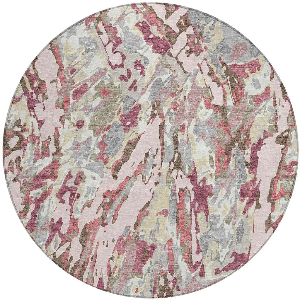 8' Blush And Pink Round Abstract Washable Indoor Outdoor Area Rug Homeroots Outdoor