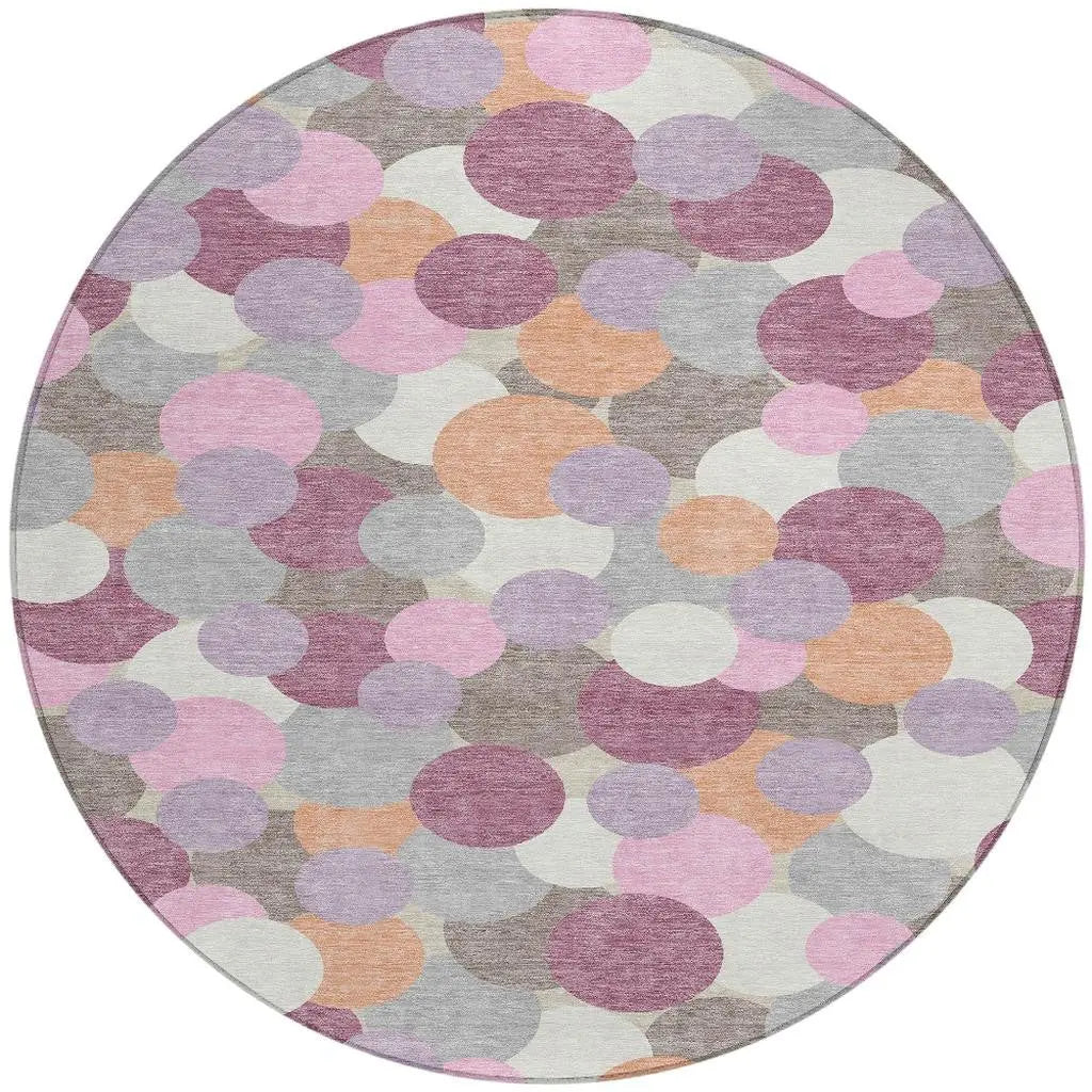 8' Blush And Pink Round Geometric Washable Indoor Outdoor Area Rug Homeroots Outdoor