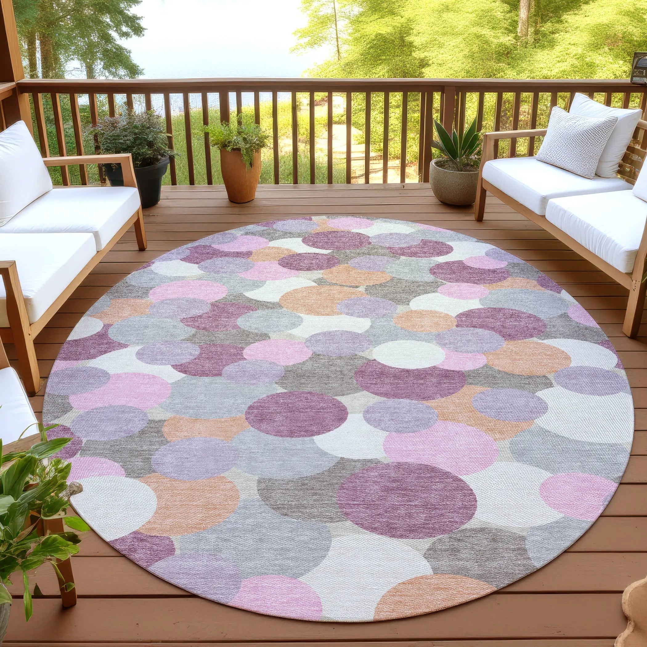 8' Blush And Pink Round Geometric Washable Indoor Outdoor Area Rug Homeroots Outdoor