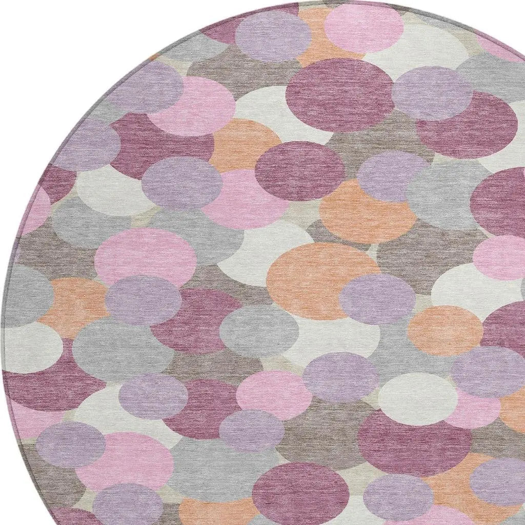 8' Blush And Pink Round Geometric Washable Indoor Outdoor Area Rug Homeroots Outdoor