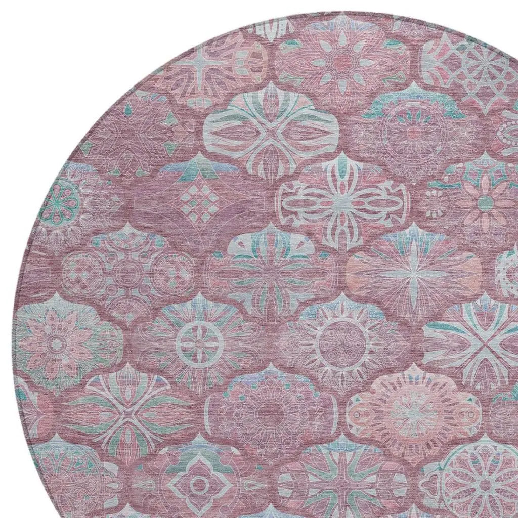 8' Blush And Pink Round Ogee Washable Indoor Outdoor Area Rug Homeroots Outdoor