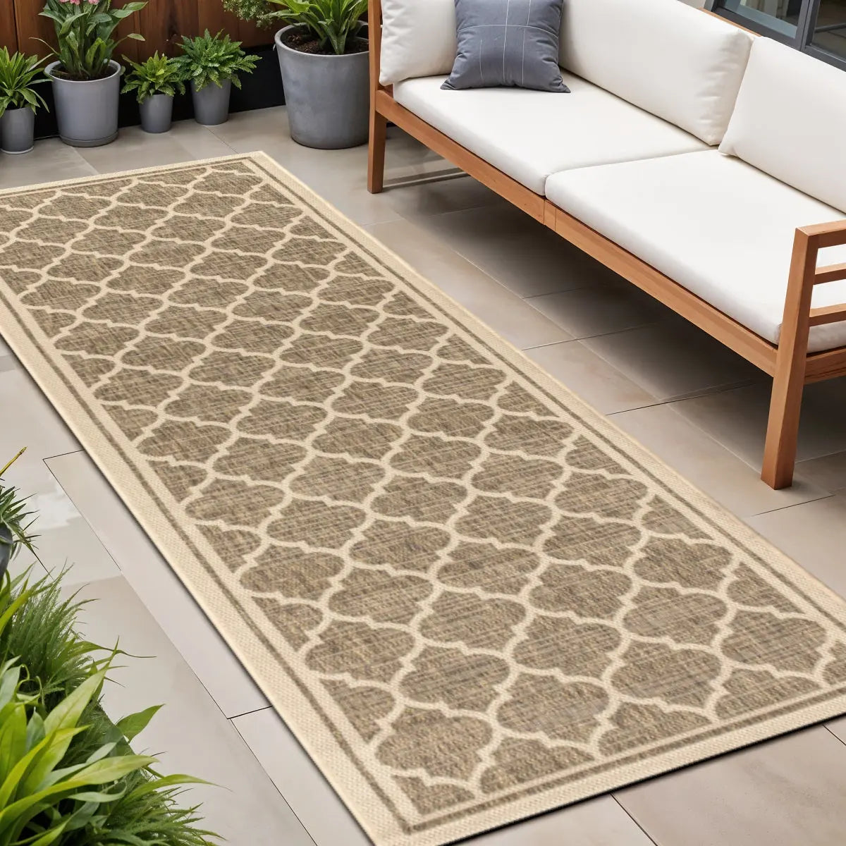 8' Brown And Beige Geometric Indoor Outdoor Runner Rug Homeroots Outdoor