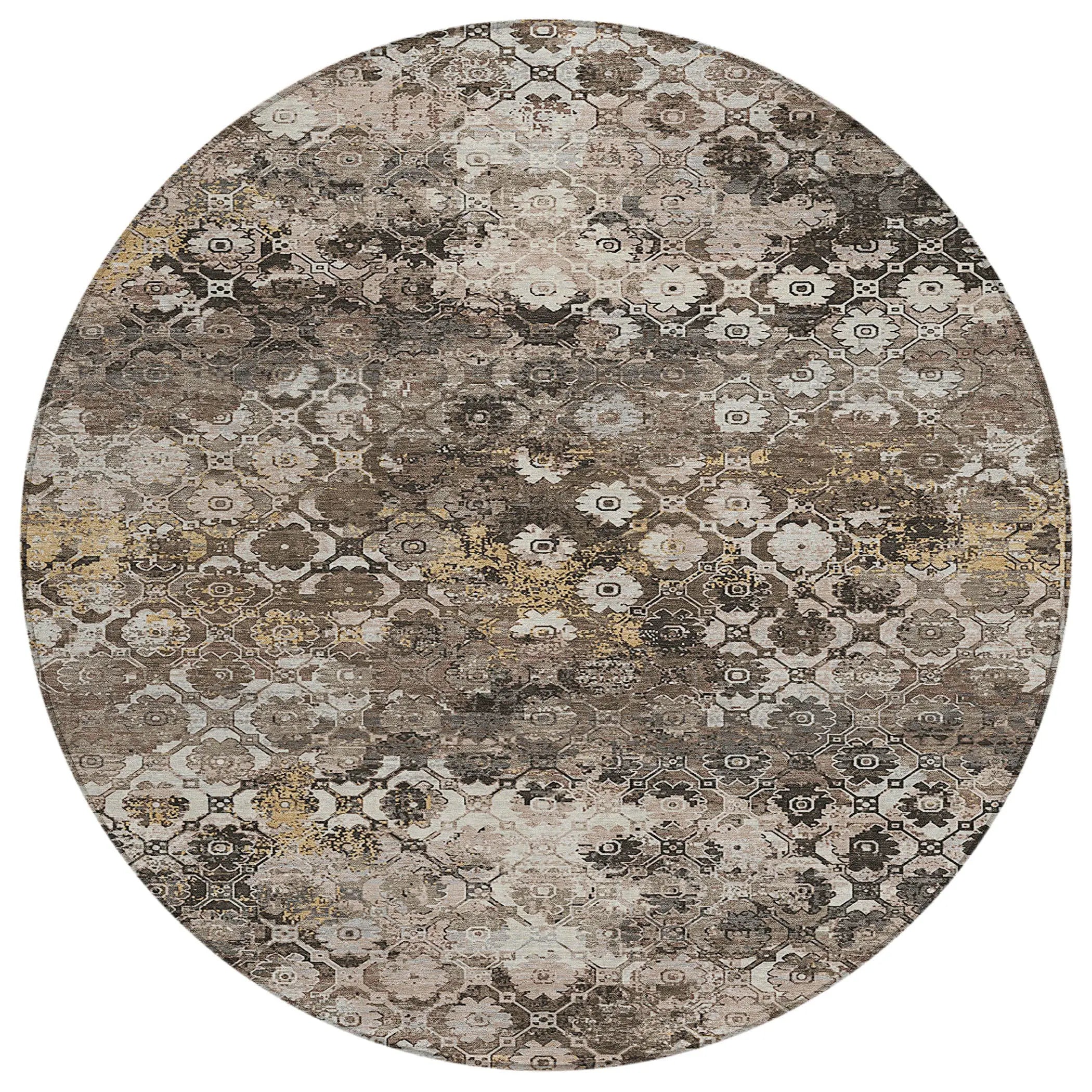 8' Brown And Beige Round Abstract Washable Indoor Outdoor Area Rug Homeroots Outdoor