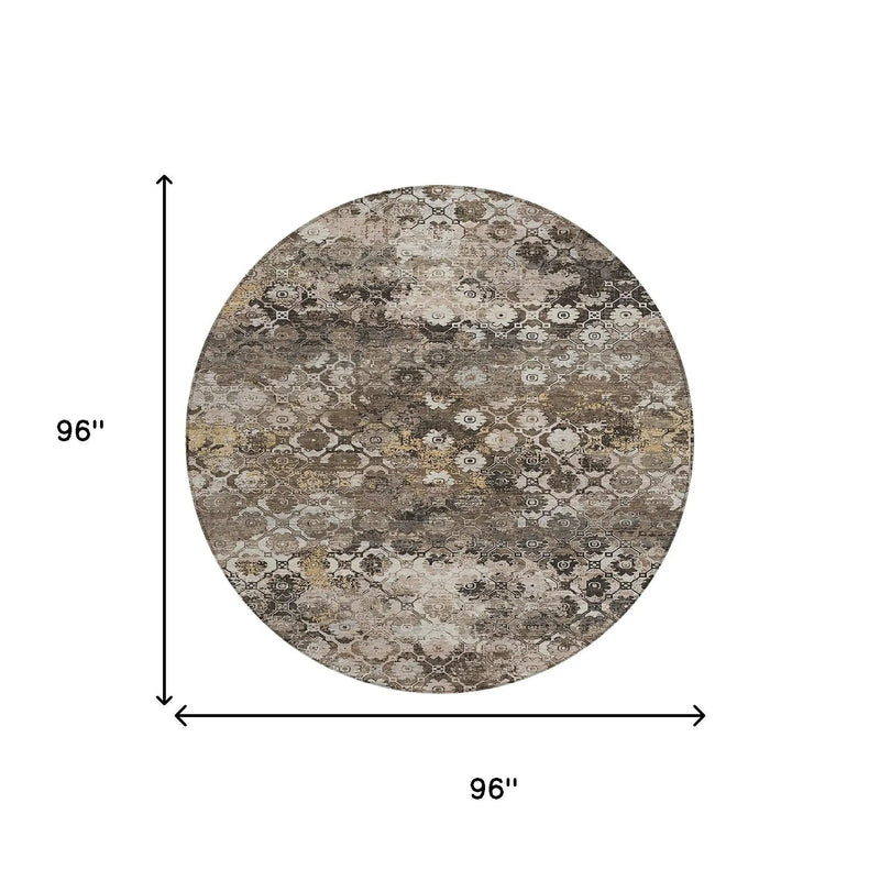 8' Brown And Beige Round Abstract Washable Indoor Outdoor Area Rug Homeroots Outdoor