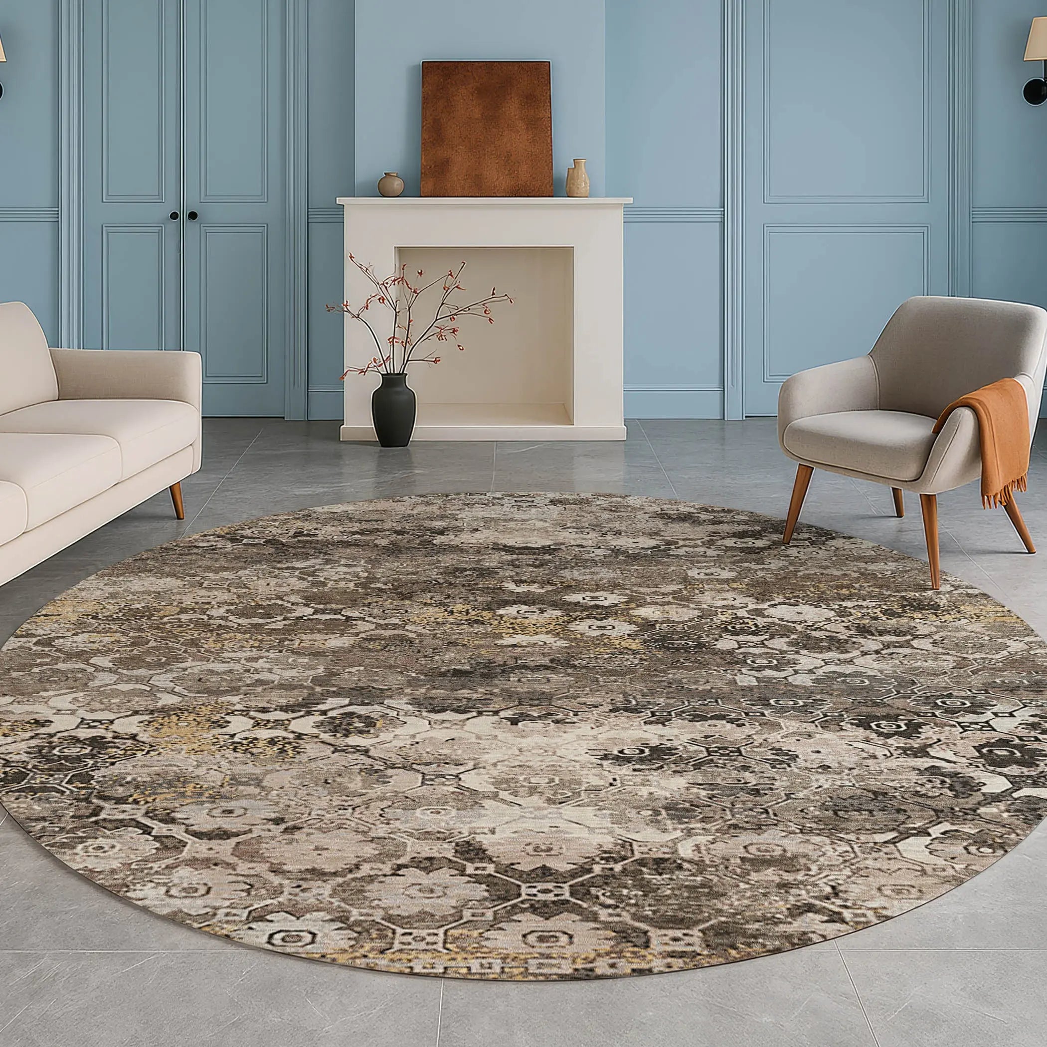 8' Brown And Beige Round Abstract Washable Indoor Outdoor Area Rug Homeroots Outdoor