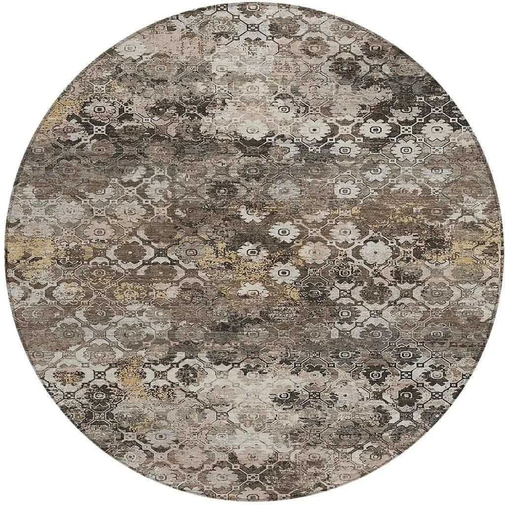 8' Brown And Beige Round Abstract Washable Indoor Outdoor Area Rug Homeroots Outdoor