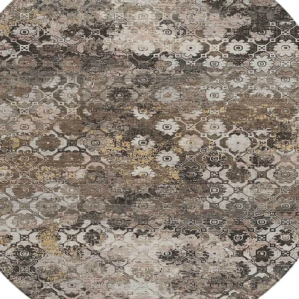 8' Brown And Beige Round Abstract Washable Indoor Outdoor Area Rug Homeroots Outdoor