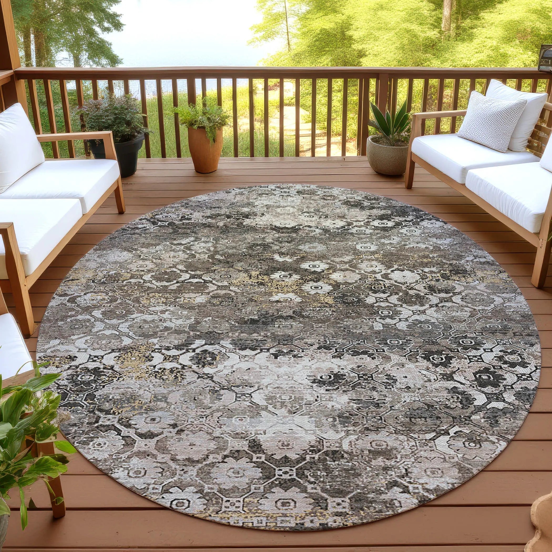 8' Brown And Beige Round Abstract Washable Indoor Outdoor Area Rug Homeroots Outdoor
