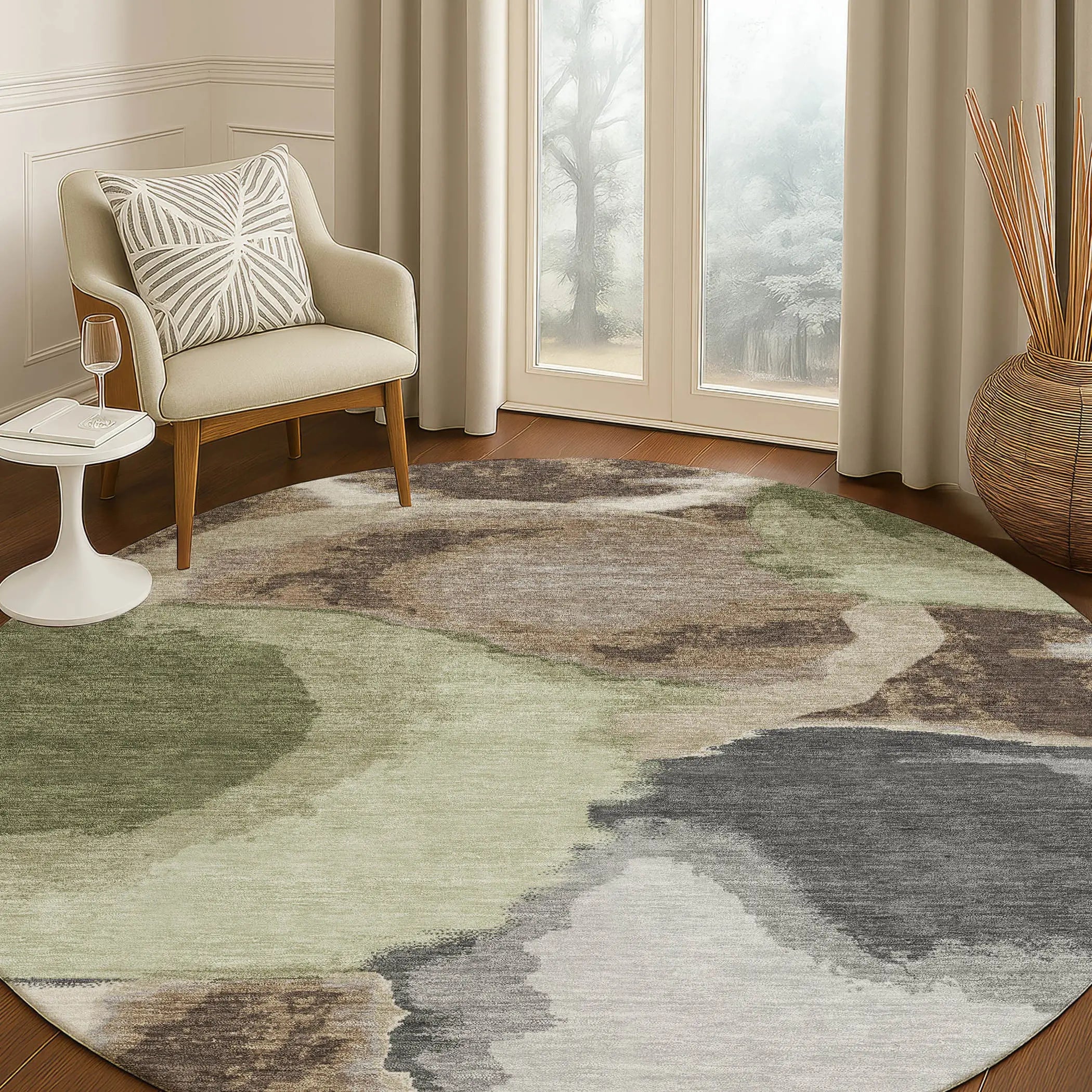 8' Brown And Beige Round Abstract Washable Indoor Outdoor Area Rug Homeroots Outdoor