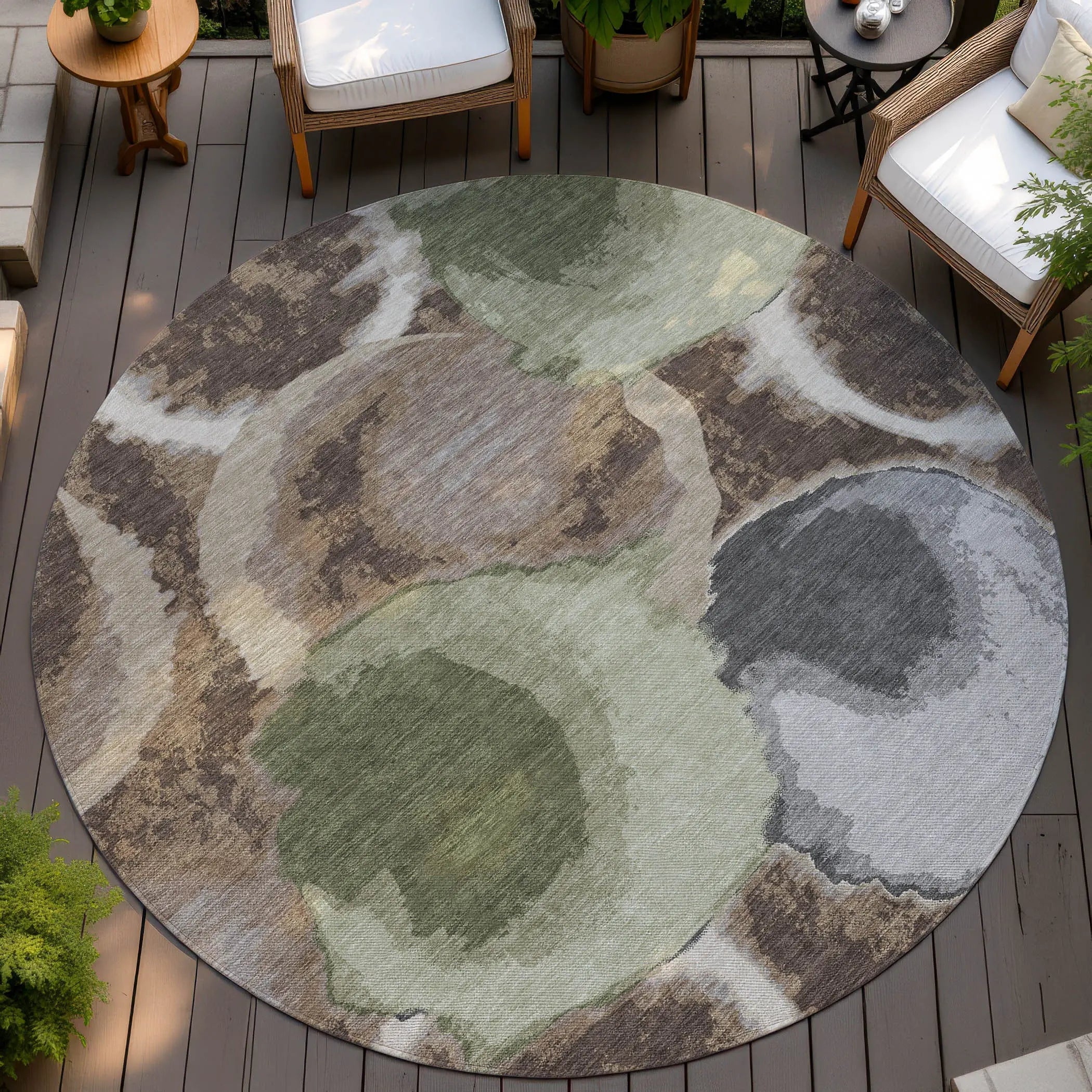 8' Brown And Beige Round Abstract Washable Indoor Outdoor Area Rug Homeroots Outdoor
