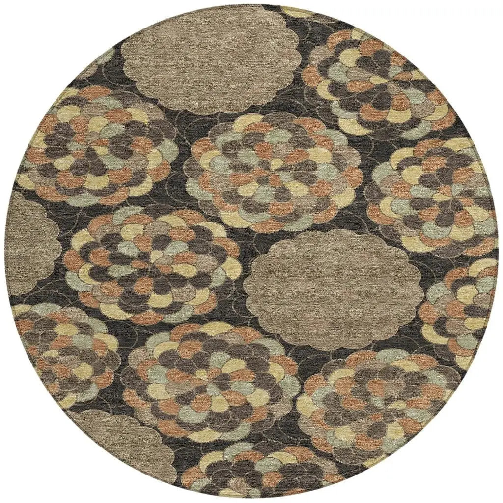 8' Brown And Beige Round Floral Washable Indoor Outdoor Area Rug Homeroots Outdoor
