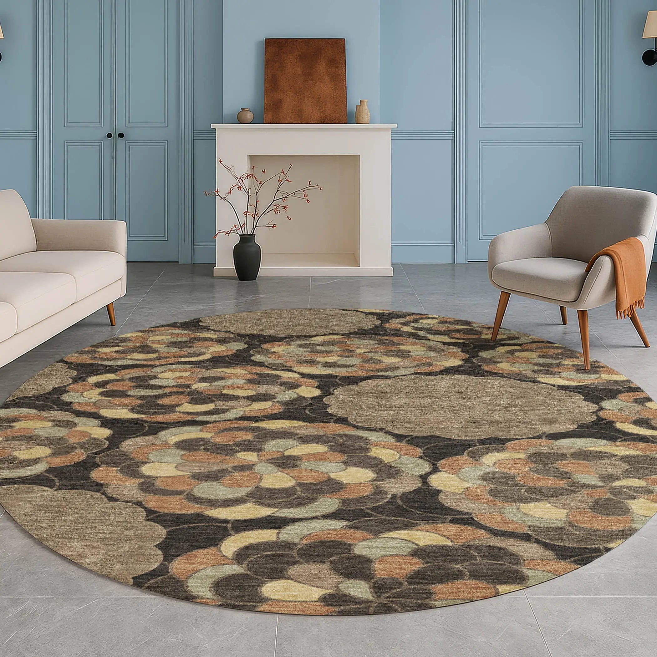 8' Brown And Beige Round Floral Washable Indoor Outdoor Area Rug Homeroots Outdoor