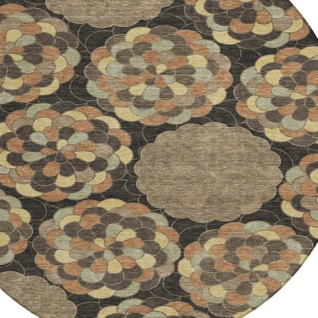 8' Brown And Beige Round Floral Washable Indoor Outdoor Area Rug Homeroots Outdoor