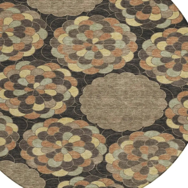 8' Brown And Beige Round Floral Washable Indoor Outdoor Area Rug Homeroots Outdoor
