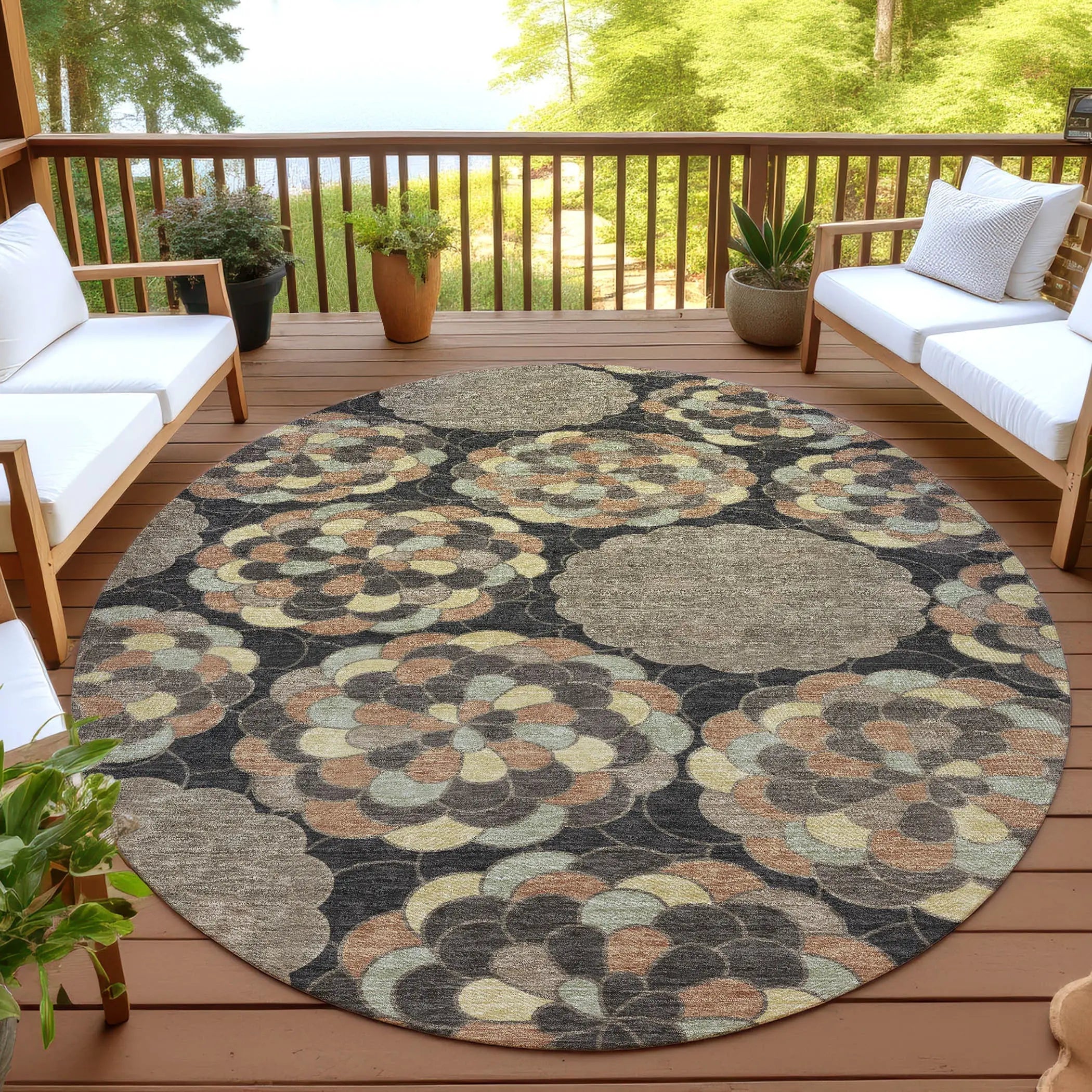 8' Brown And Beige Round Floral Washable Indoor Outdoor Area Rug Homeroots Outdoor