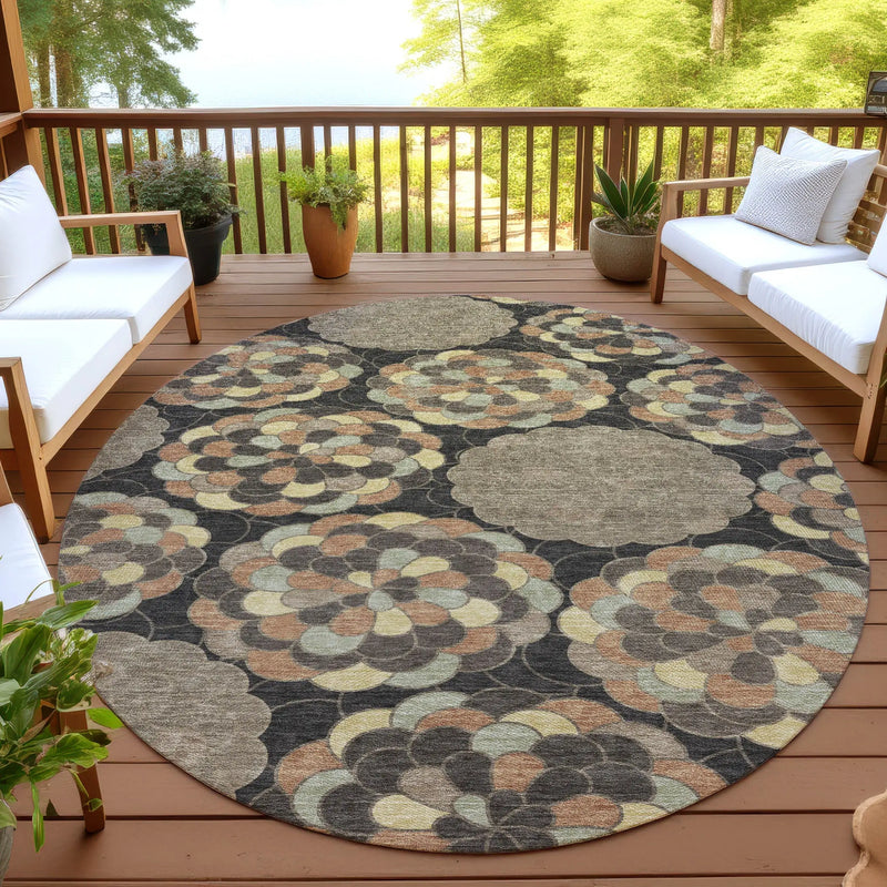 8' Brown And Beige Round Floral Washable Indoor Outdoor Area Rug Homeroots Outdoor