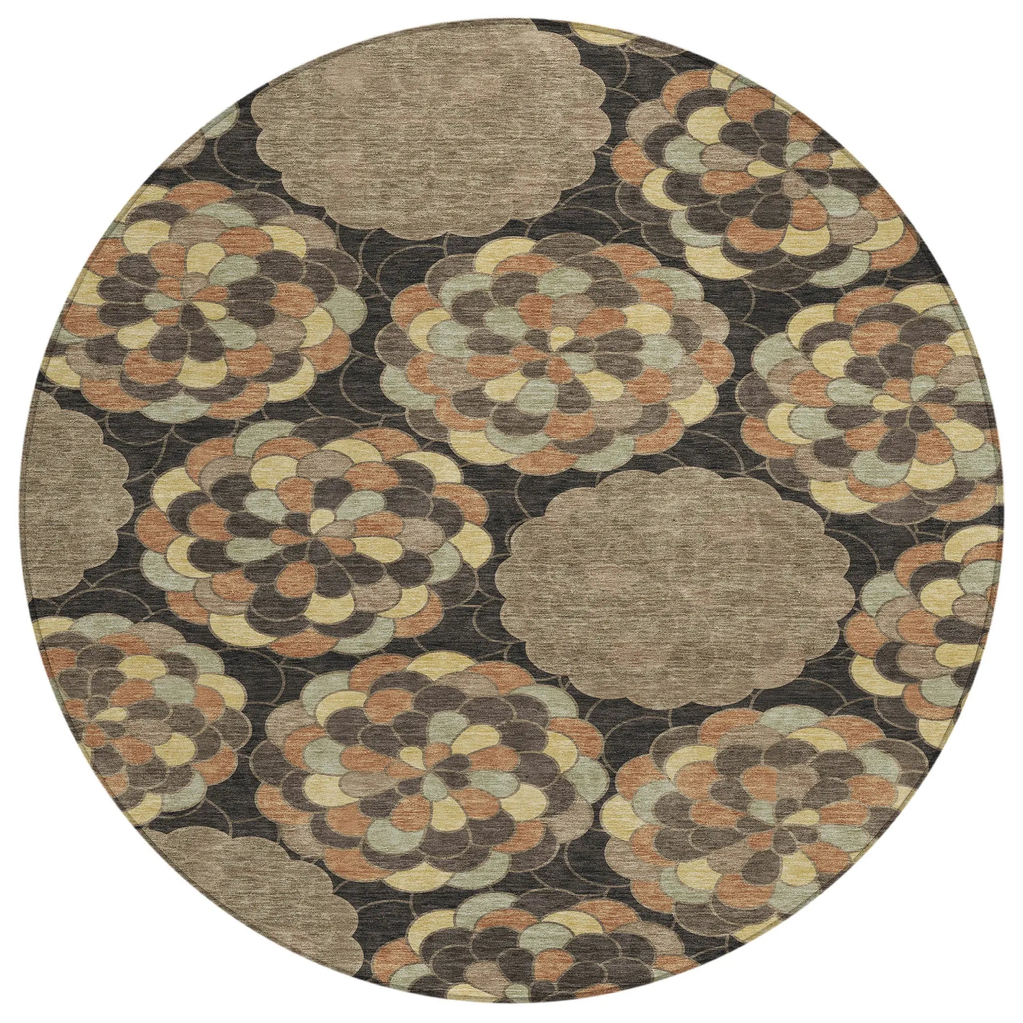 8' Brown And Beige Round Floral Washable Indoor Outdoor Area Rug Homeroots Outdoor