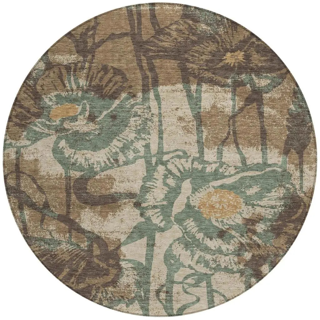 8' Brown And Beige Round Floral Washable Indoor Outdoor Area Rug Homeroots Outdoor