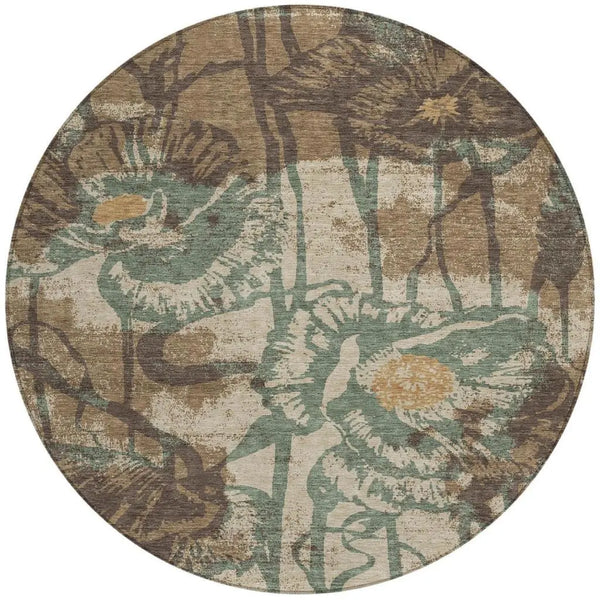 8' Brown And Beige Round Floral Washable Indoor Outdoor Area Rug Homeroots Outdoor