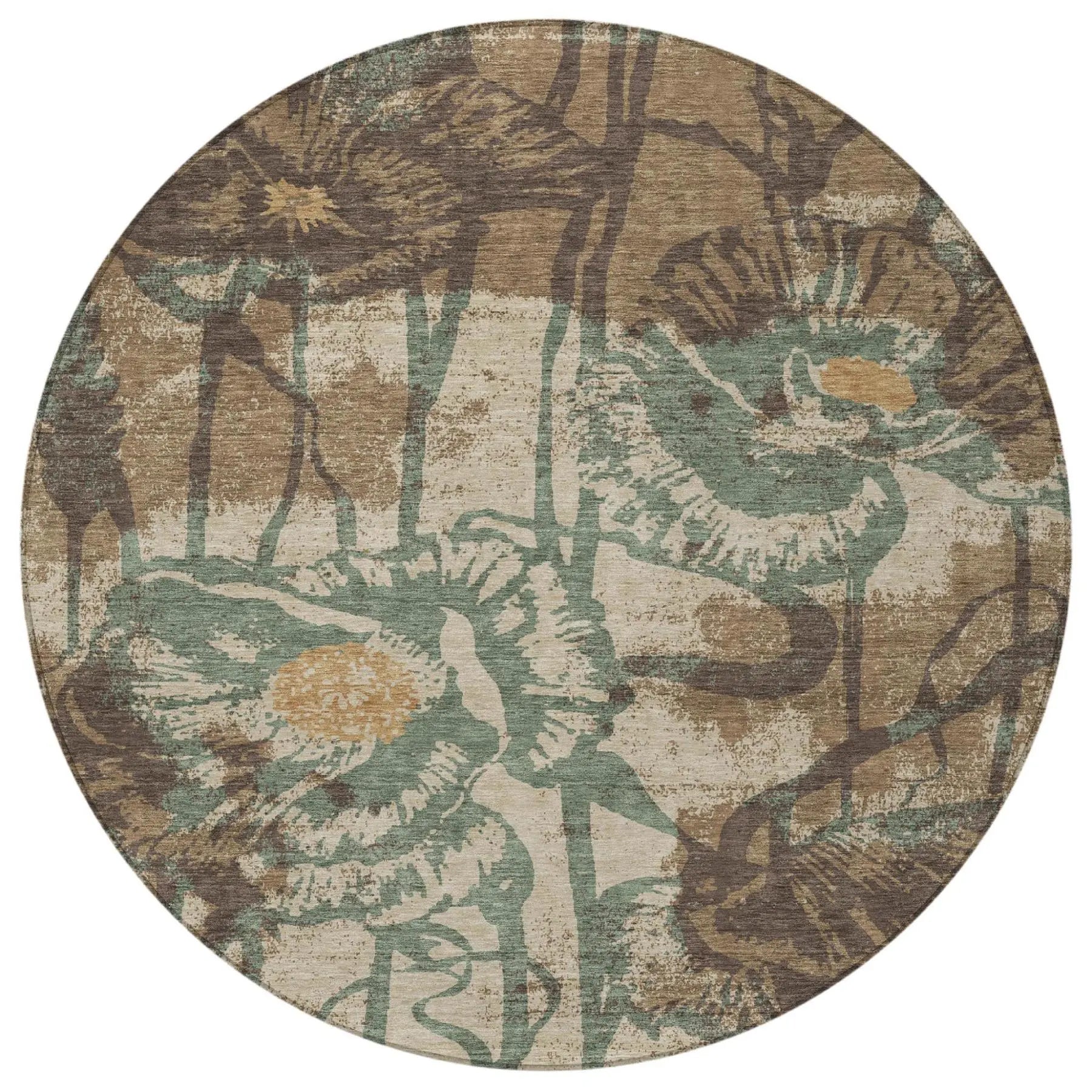 8' Brown And Beige Round Floral Washable Indoor Outdoor Area Rug Homeroots Outdoor