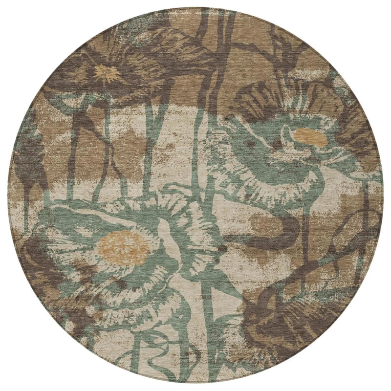 8' Brown And Beige Round Floral Washable Indoor Outdoor Area Rug Homeroots Outdoor