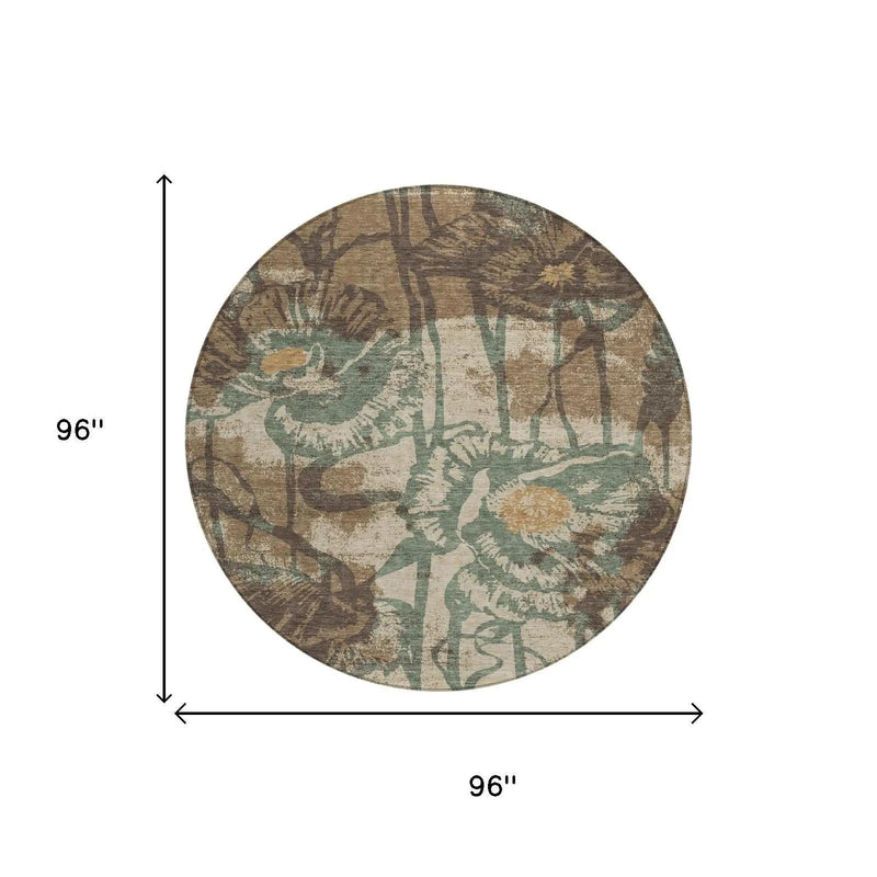8' Brown And Beige Round Floral Washable Indoor Outdoor Area Rug Homeroots Outdoor