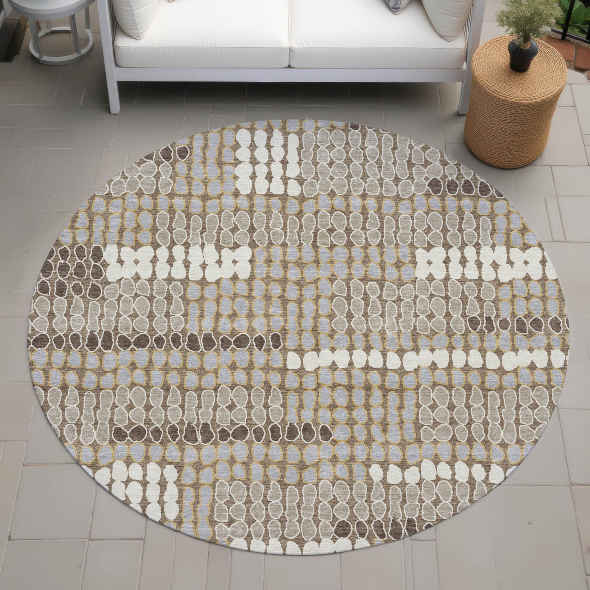 8' Brown And Beige Round Geometric Washable Indoor Outdoor Area Rug Homeroots Outdoor
