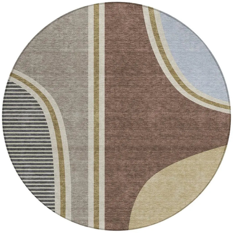 8' Brown And Beige Round Geometric Washable Indoor Outdoor Area Rug Homeroots Outdoor