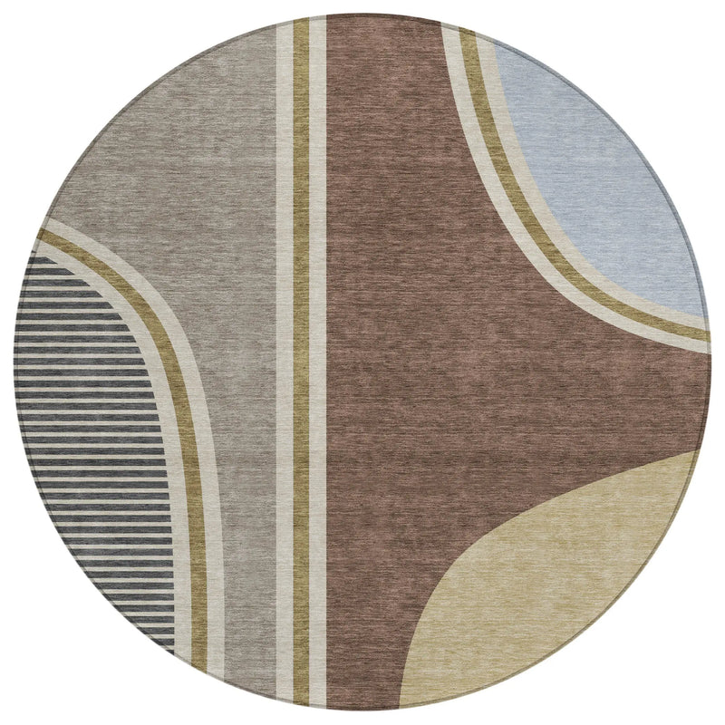 8' Brown And Beige Round Geometric Washable Indoor Outdoor Area Rug Homeroots Outdoor