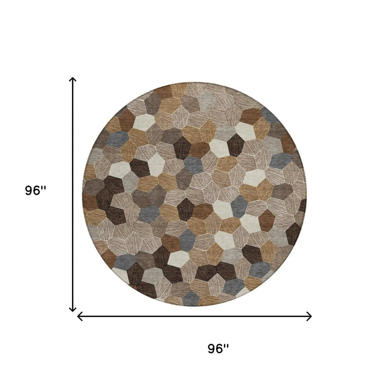 8' Brown And Beige Round Geometric Washable Indoor Outdoor Area Rug Homeroots Outdoor