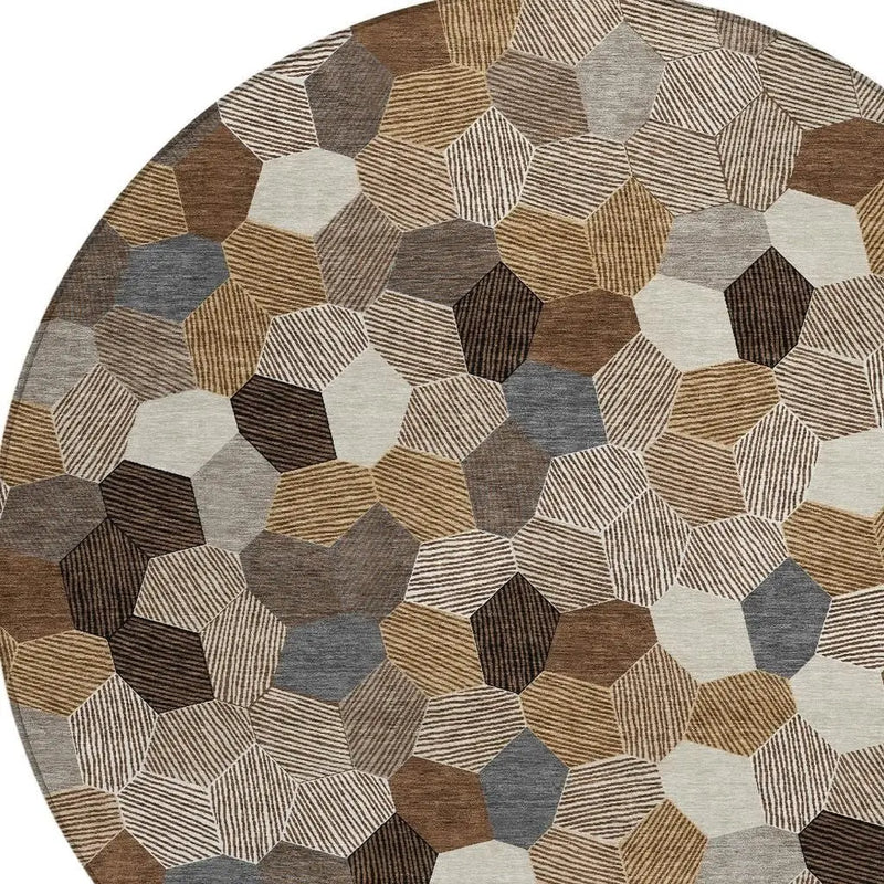 8' Brown And Beige Round Geometric Washable Indoor Outdoor Area Rug Homeroots Outdoor