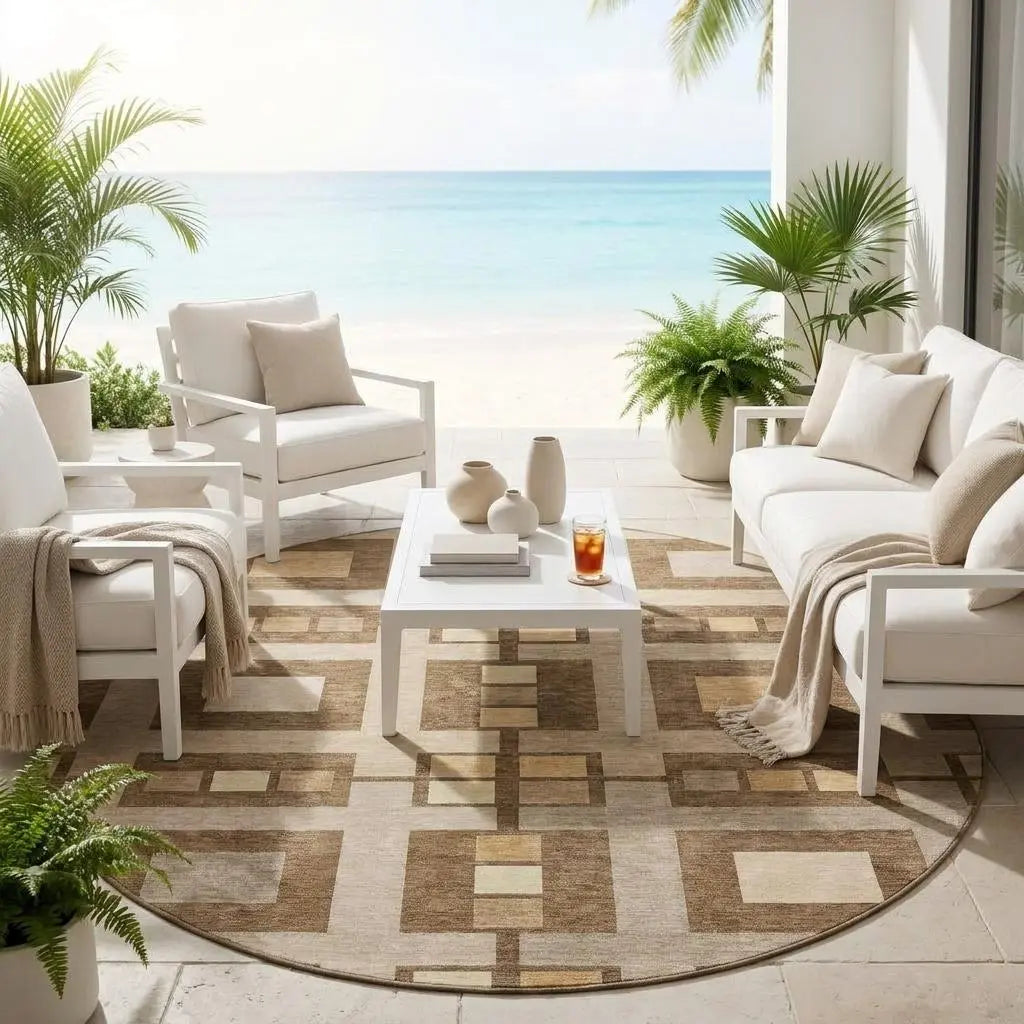 8' Brown And Beige Round Geometric Washable Indoor Outdoor Area Rug Homeroots Outdoor