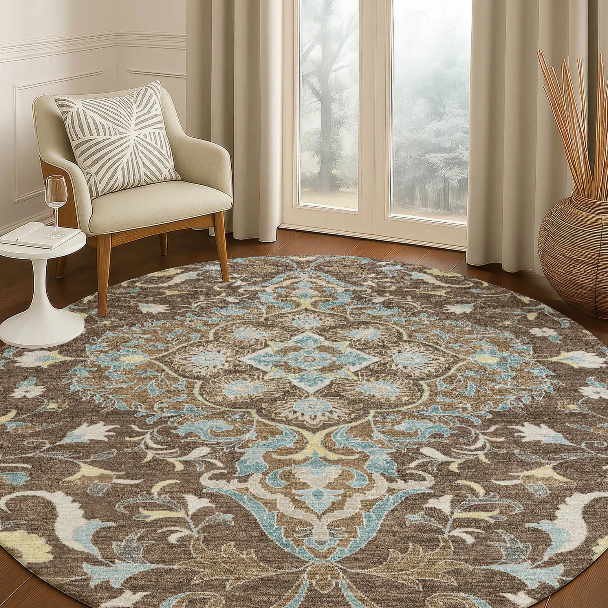 8' Brown And Beige Round Medallion Washable Indoor Outdoor Area Rug Homeroots Outdoor