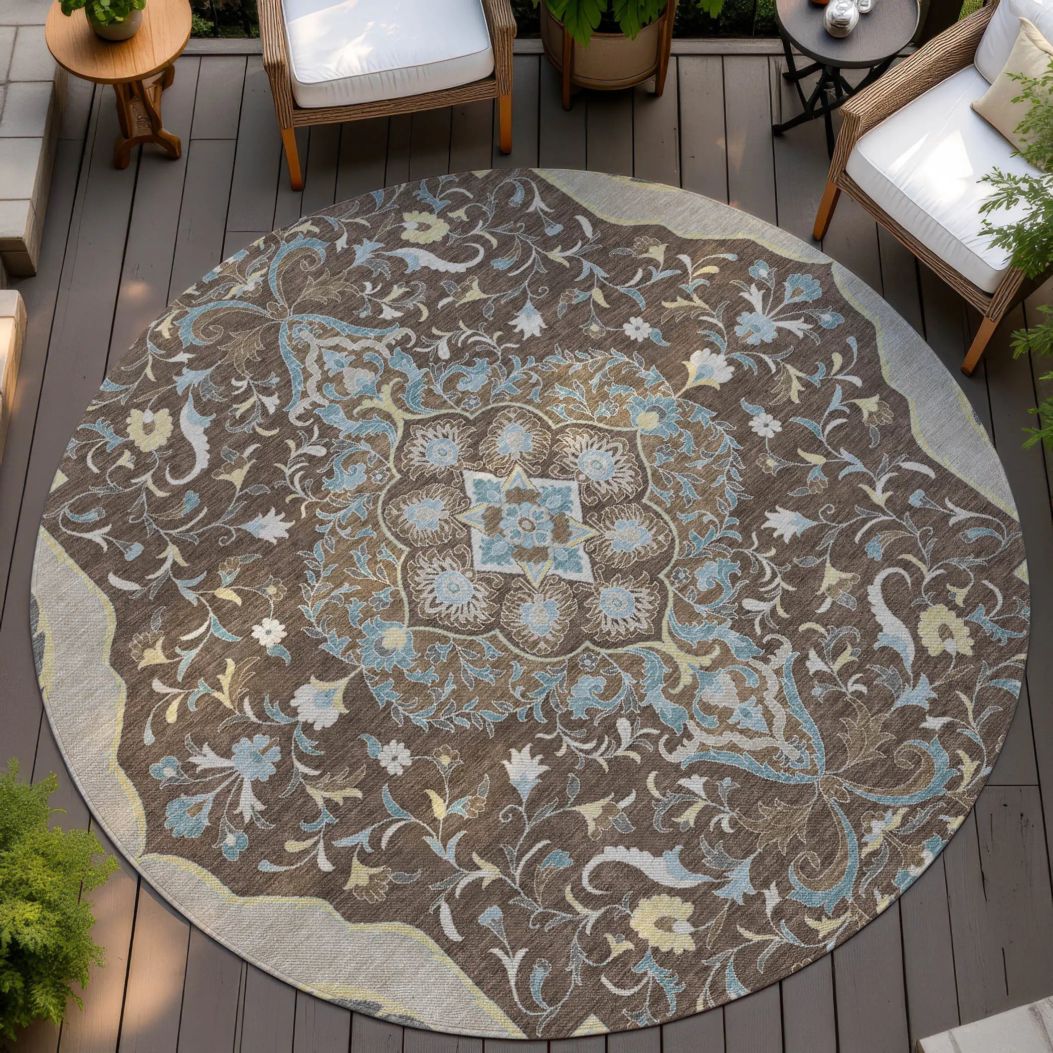 8' Brown And Beige Round Medallion Washable Indoor Outdoor Area Rug Homeroots Outdoor