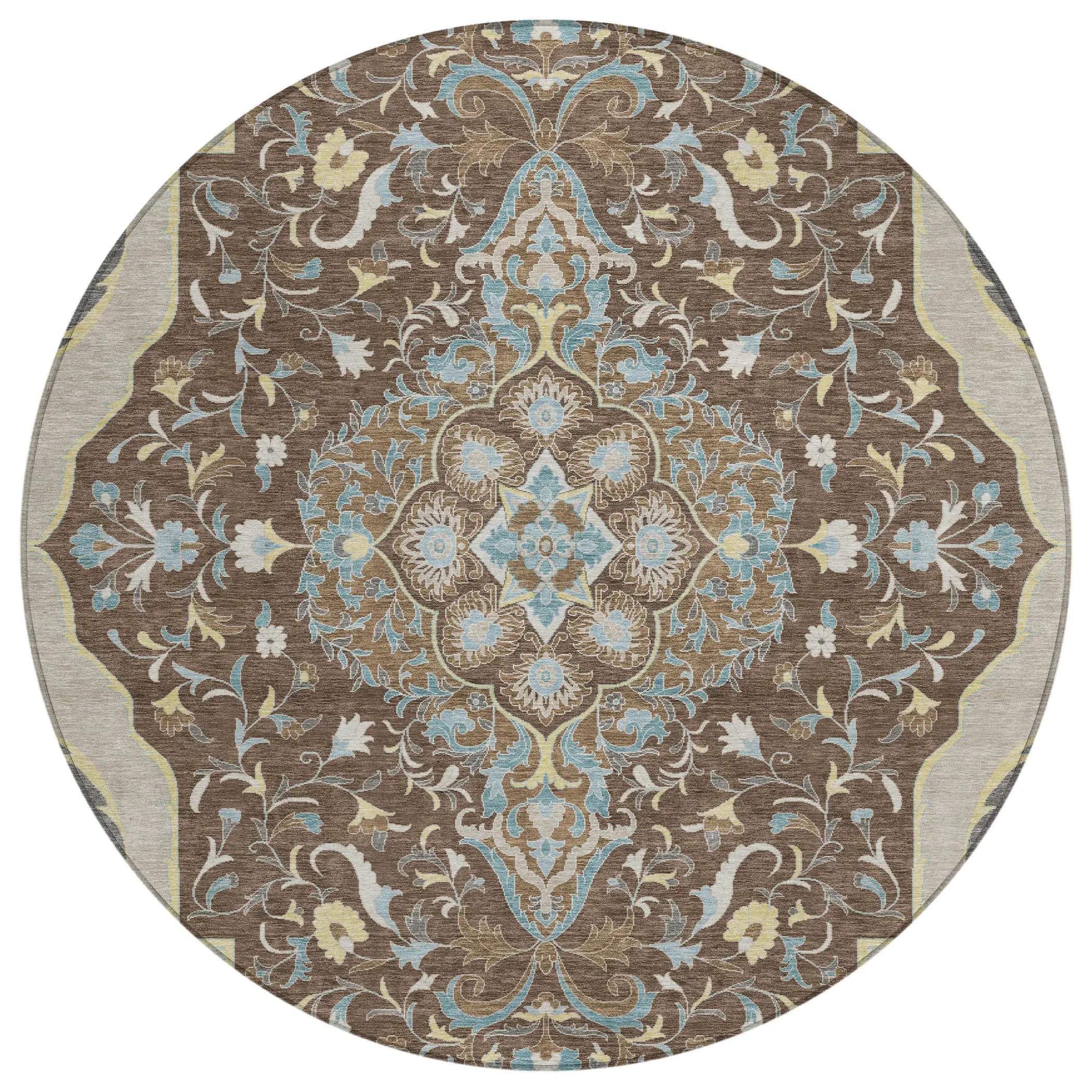 8' Brown And Beige Round Medallion Washable Indoor Outdoor Area Rug Homeroots Outdoor