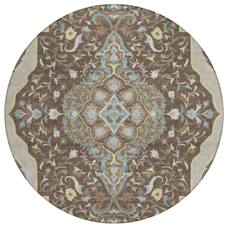 8' Brown And Beige Round Medallion Washable Indoor Outdoor Area Rug Homeroots Outdoor