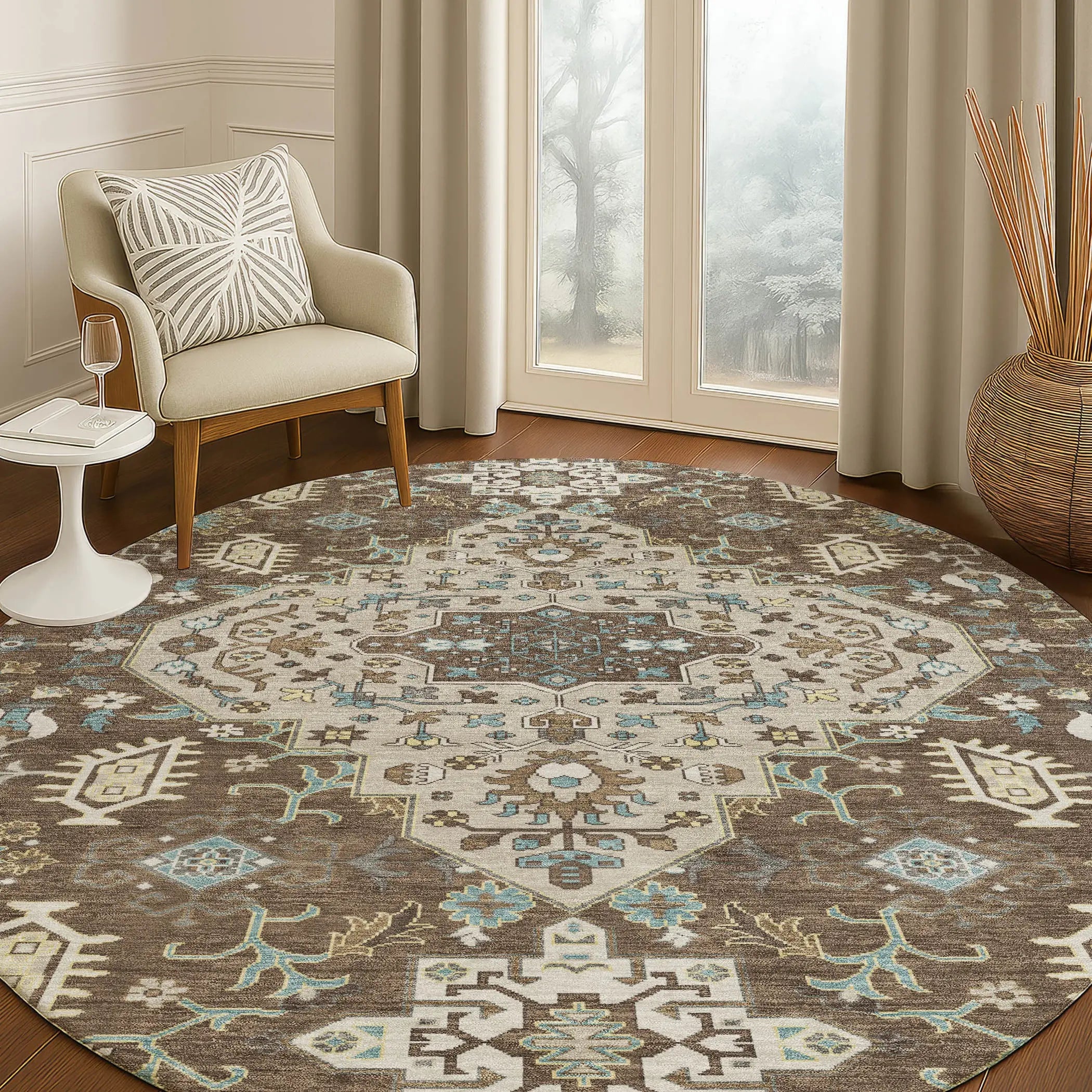 8' Brown And Beige Round Medallion Washable Indoor Outdoor Area Rug Homeroots Outdoor