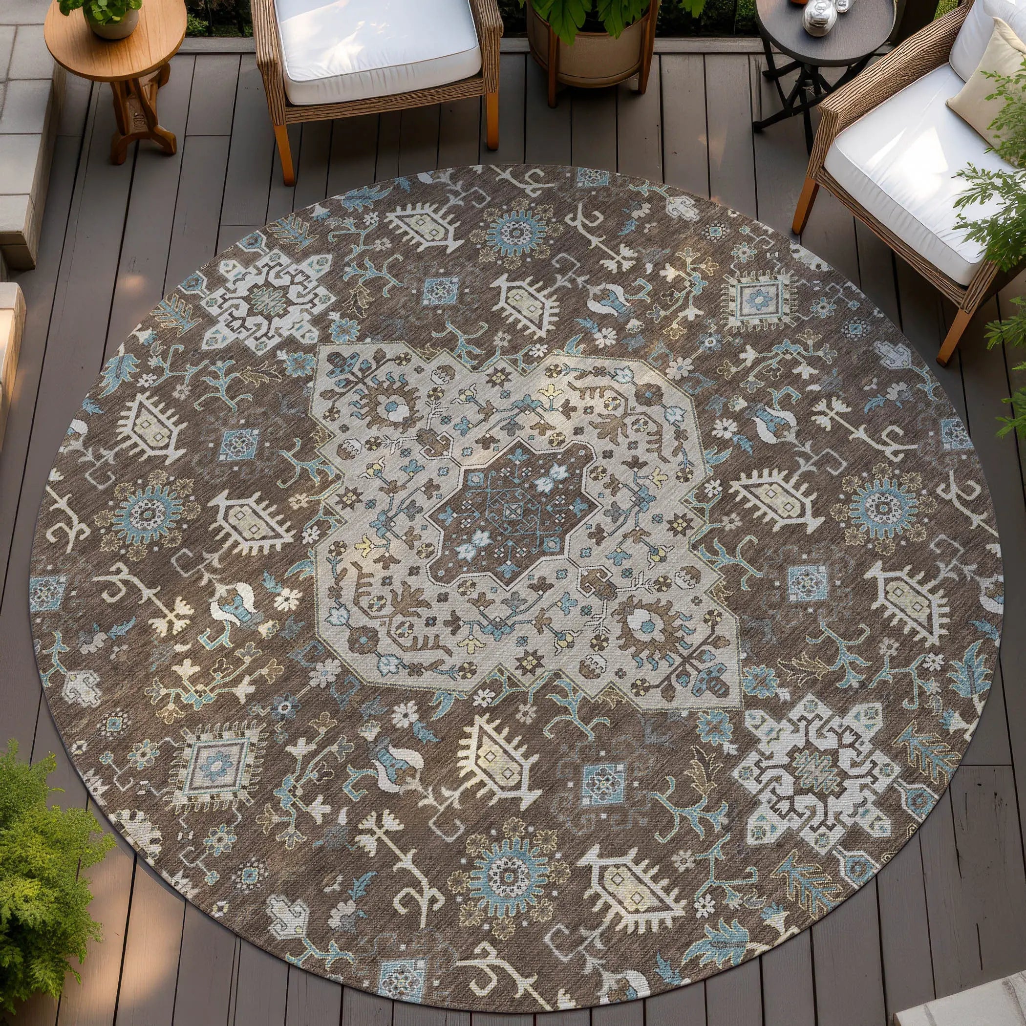 8' Brown And Beige Round Medallion Washable Indoor Outdoor Area Rug Homeroots Outdoor