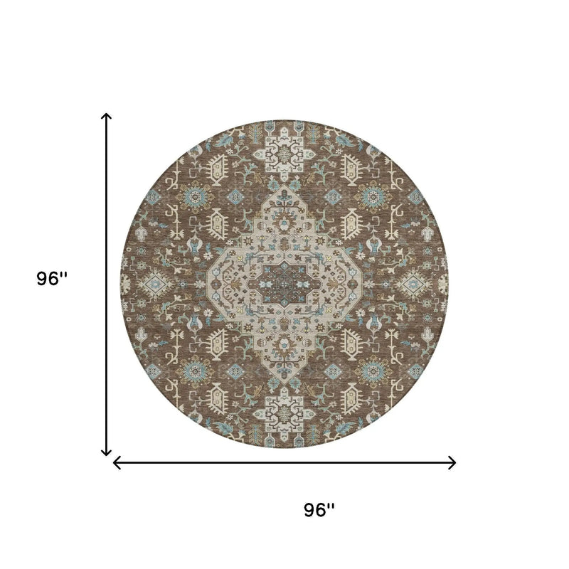 8' Brown And Beige Round Medallion Washable Indoor Outdoor Area Rug Homeroots Outdoor