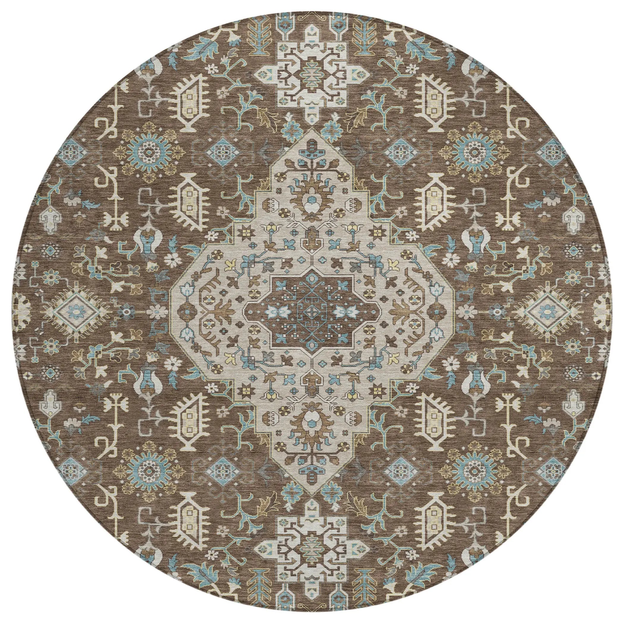 8' Brown And Beige Round Medallion Washable Indoor Outdoor Area Rug Homeroots Outdoor