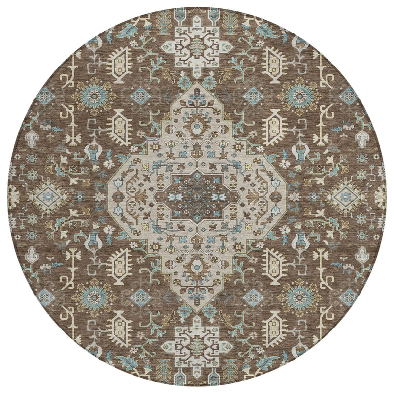 8' Brown And Beige Round Medallion Washable Indoor Outdoor Area Rug Homeroots Outdoor