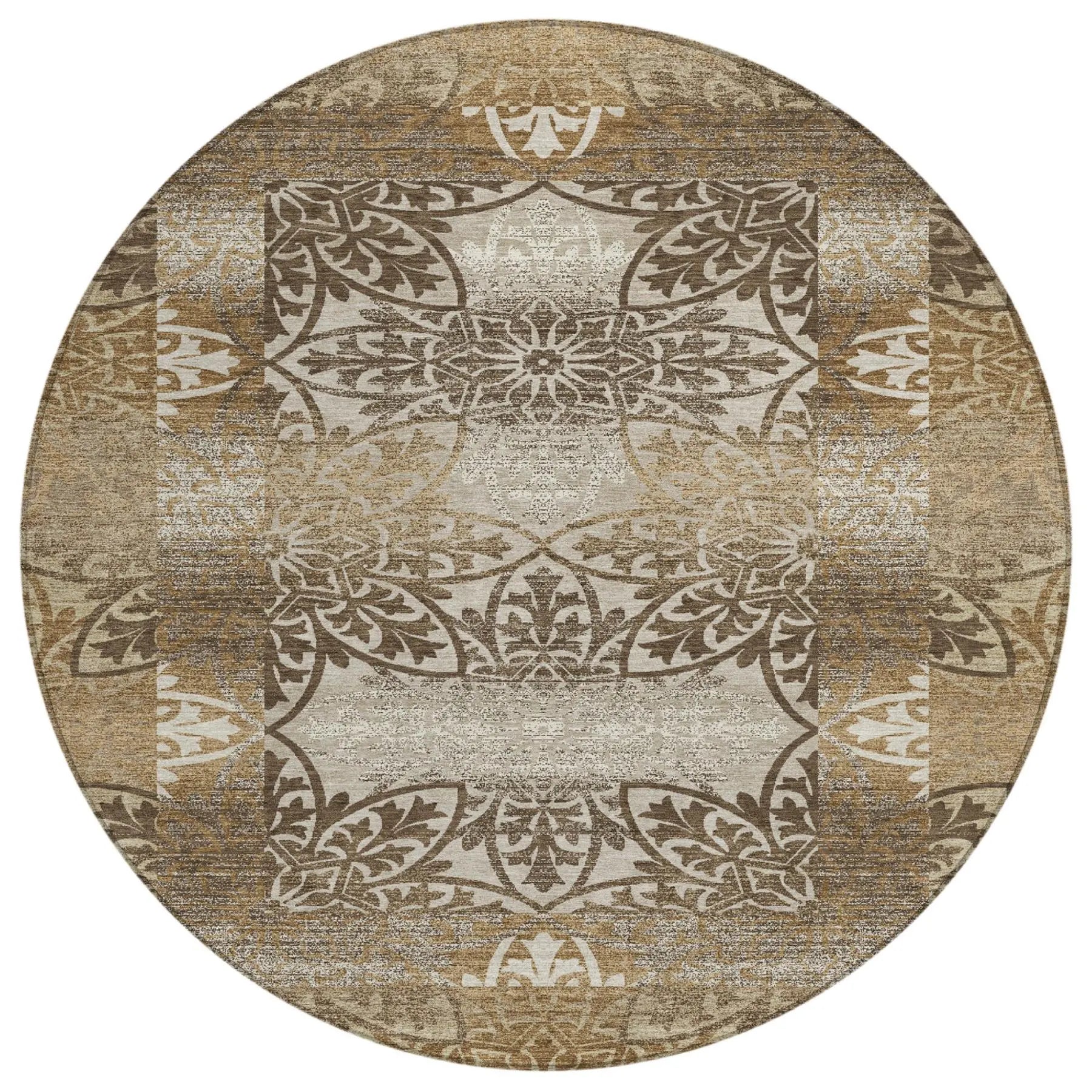 8' Brown And Beige Round Oriental Washable Indoor Outdoor Area Rug Homeroots Outdoor