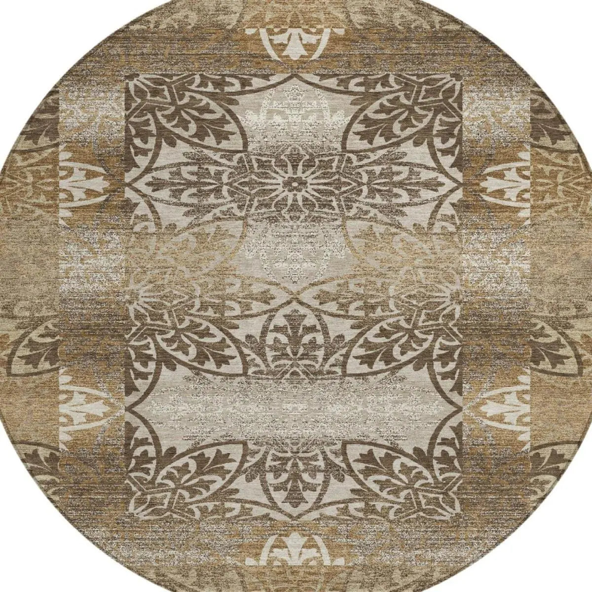8' Brown And Beige Round Oriental Washable Indoor Outdoor Area Rug Homeroots Outdoor