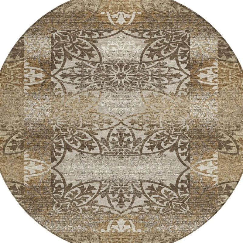 8' Brown And Beige Round Oriental Washable Indoor Outdoor Area Rug Homeroots Outdoor