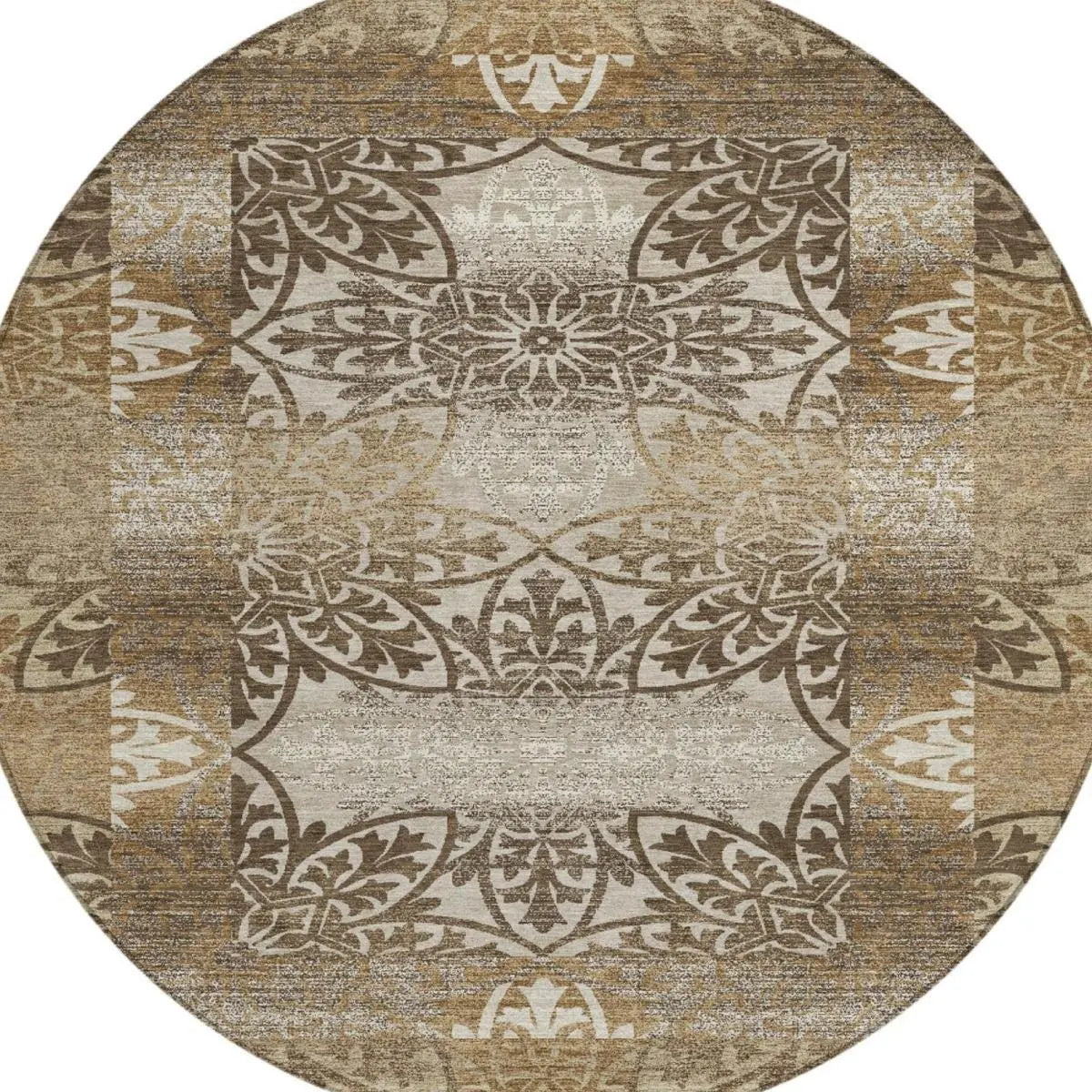 8' Brown And Beige Round Oriental Washable Indoor Outdoor Area Rug Homeroots Outdoor
