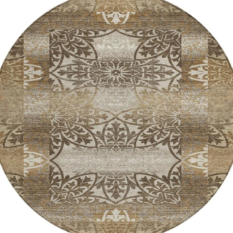 8' Brown And Beige Round Oriental Washable Indoor Outdoor Area Rug Homeroots Outdoor