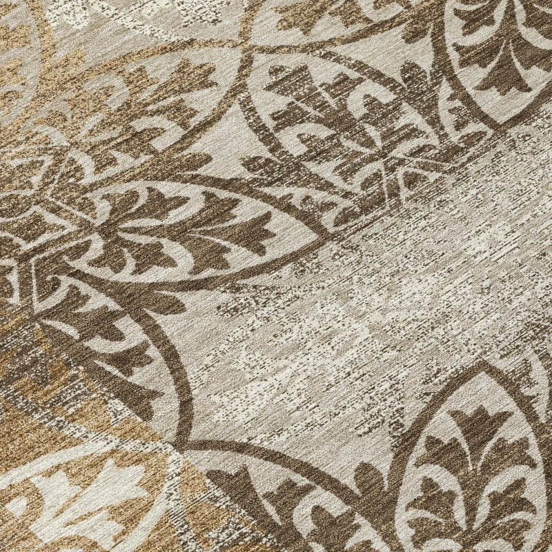8' Brown And Beige Round Oriental Washable Indoor Outdoor Area Rug Homeroots Outdoor