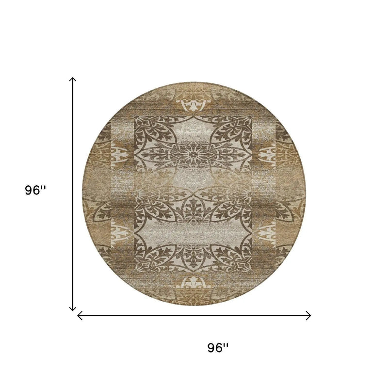 8' Brown And Beige Round Oriental Washable Indoor Outdoor Area Rug Homeroots Outdoor